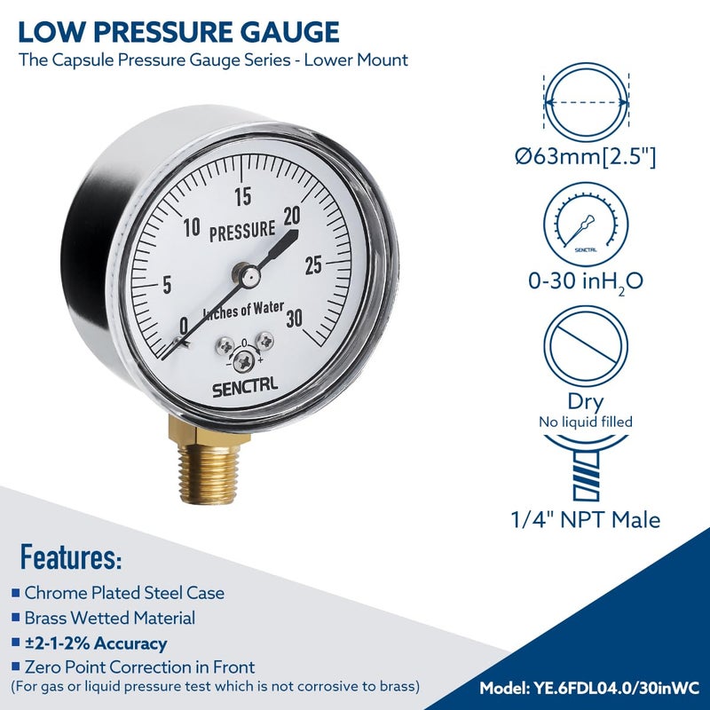senctrl 0-30 Inches of Water Column Gauge, Low Pressure Capsule Gauge, 2-1/2" Dial Size, 1/4" NPT Lower Mount, Zero Adjustment, for Air Water Gas Pressure Test - Image 2